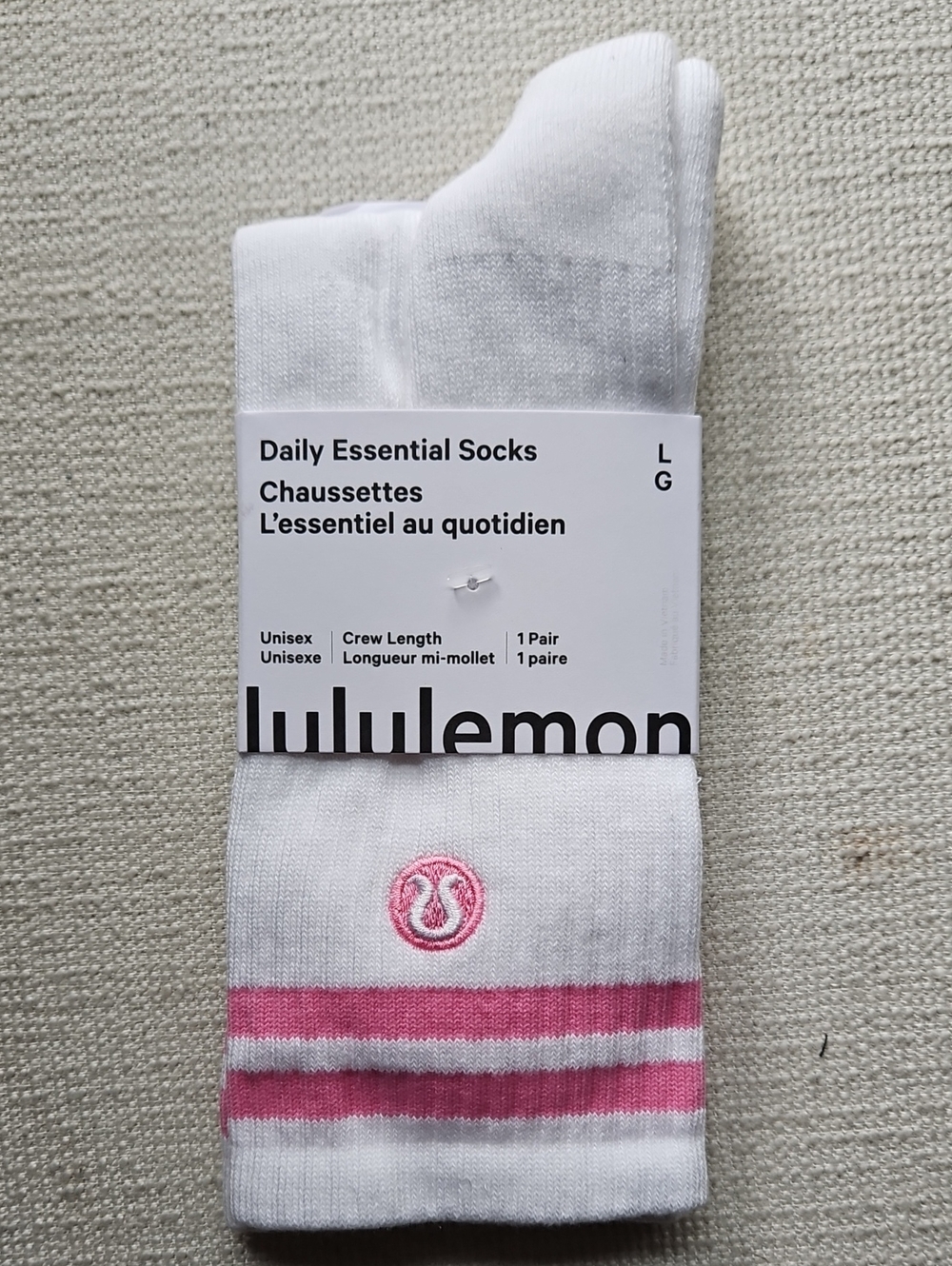 lululemon athletica White Crew Socks with Pink Stripe and Logo